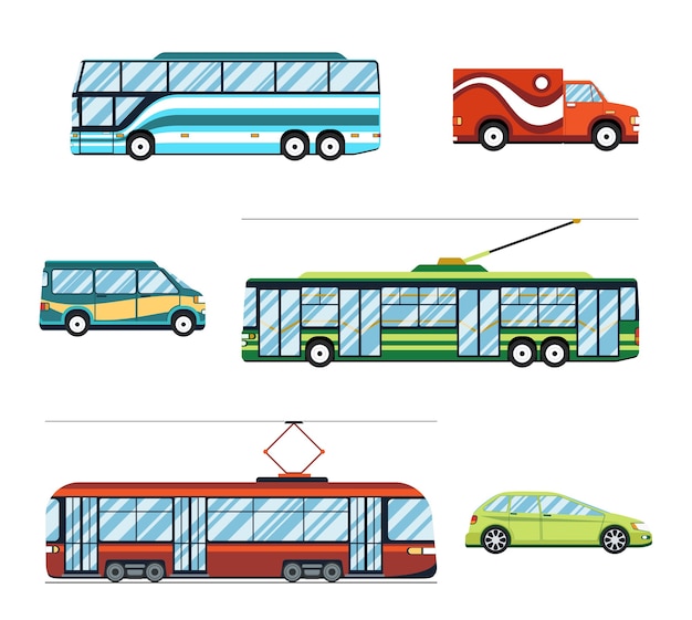 無料ベクター 市内交通セット。トロリーとバス、トラムと車