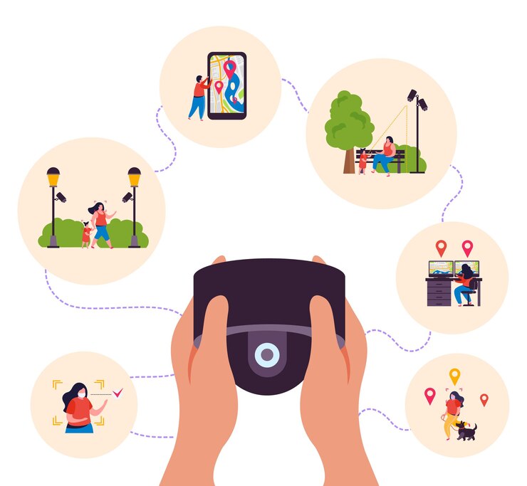 Free Vector city video monitoring flat background composition with hands holding remote