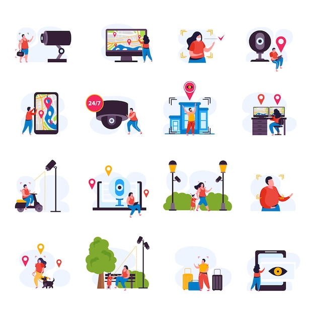 City video monitoring flat icons collection with isolated images of smart surveillance system elements with people vector illustration