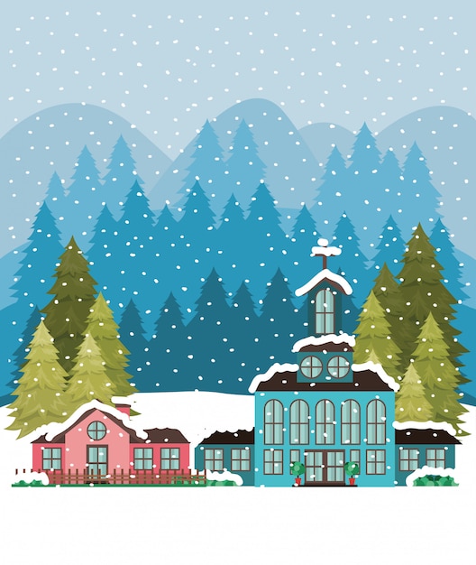 Free vector city with church in snowscape