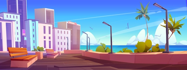 Free vector city with embankment on sea beach