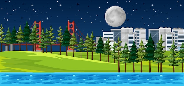 Free vector city with nature park landscape at night scene