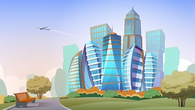 都市景観漫画の背景。高層ビルと公園、ダウンタウンの近代都市のパノラマ
