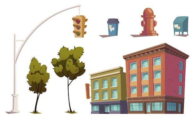 Free vector cityscape elements with residential buildings, traffic light, fire hydrant, trash can and mailbox.