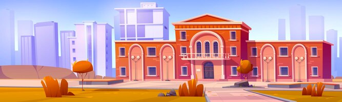 Cityscape with building exterior of university, college, high school or public library. vector cartoon illustration of autumn landscape with museum, government, court or academy campus building
