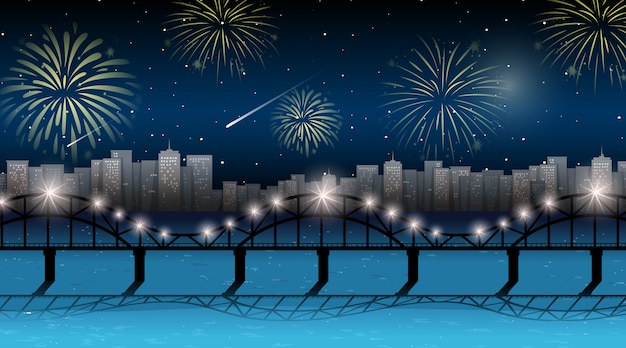 Free vector cityscape with celebration fireworks scene