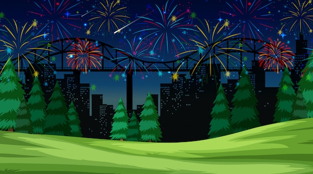 Vettore gratuito paesaggio urbano con scena di fuochi d'artificio celebrazione