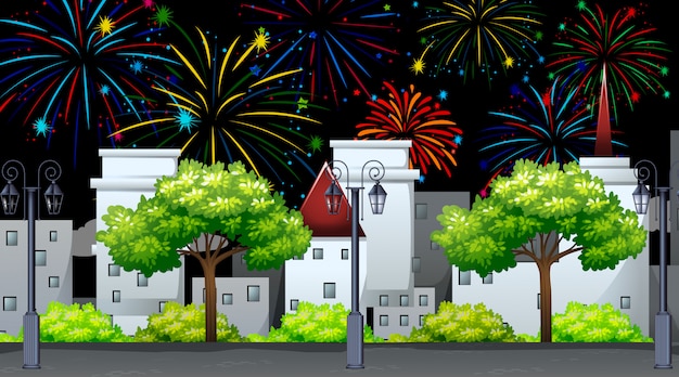 Free vector cityscape with celebration fireworks scene