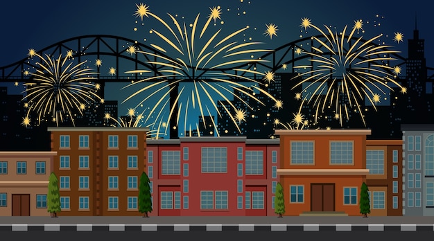 Free vector cityscape with celebration fireworks scene