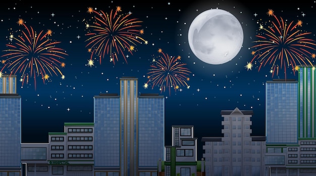 Cityscape with celebration fireworks scene