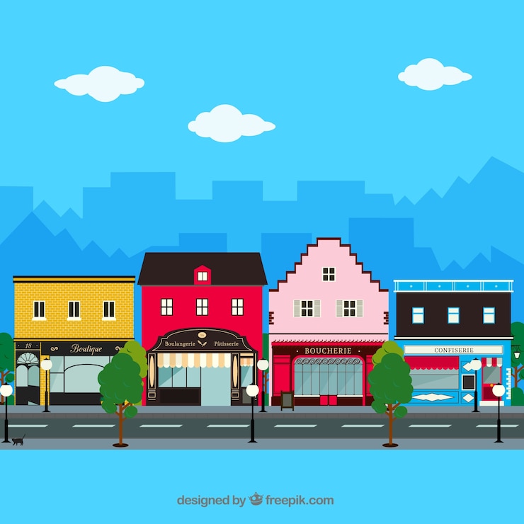 無料Vector フラットなデザインの店舗ファサードを持つ都市の景観