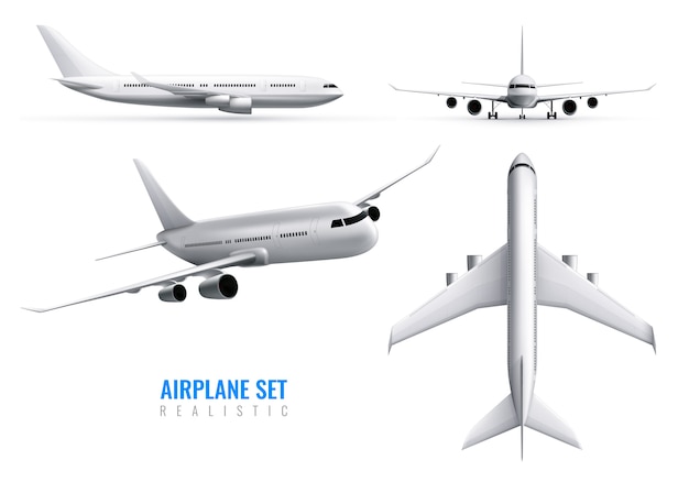 Civil aircraft realistic identity set of white airplane in top side and front views isolated