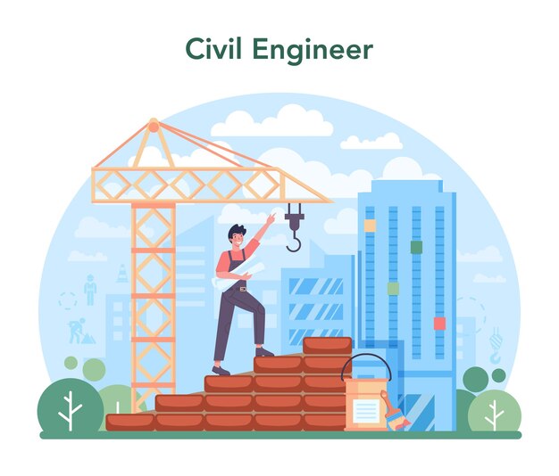 Civil engineer concept Professional occupation of designing and building houses and structures Architecture work with modern building technology Flat vector illustration
