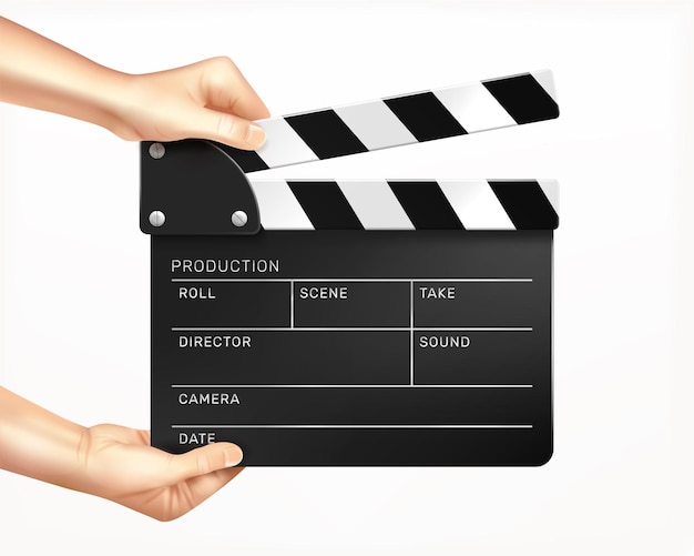 Clapper board in hands realistic composition with human hands holding clapper with empty text fields