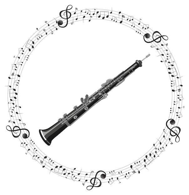 Un clarinetto con note musicali su sfondo bianco