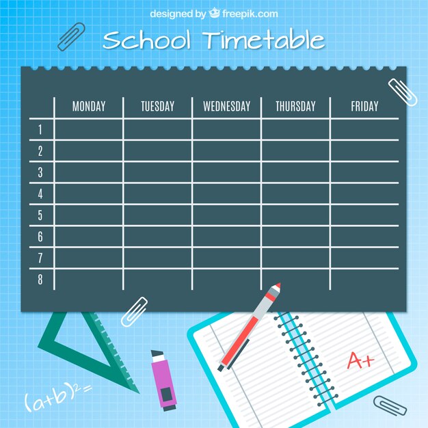 Classes timetable, pens and notebook
