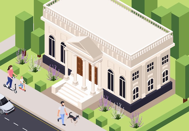 Free vector classic architecture isometric composition with outdoor scenery of city street with people and medieval style building vector illustration