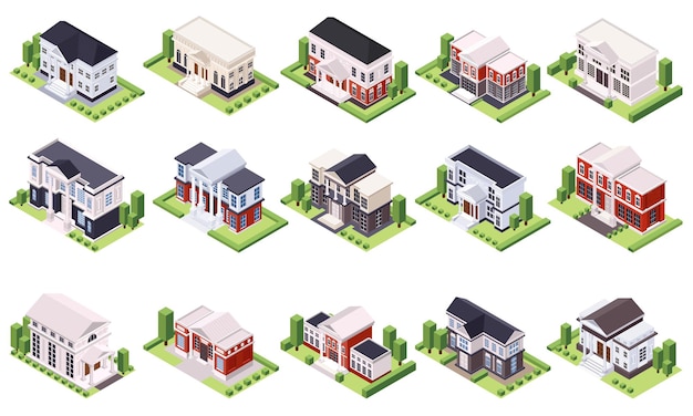 Free vector classic architecture isometric set of isolated house images surrounded by trees plant hedge on blank background vector illustration