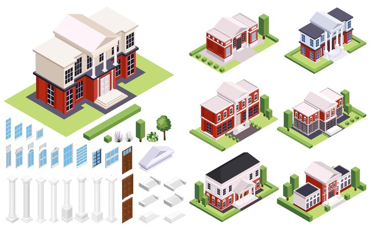 Free Vector classic architecture isometric set of isolated houses with neighborhoods and constructor elements columns doors and windows vector illustration