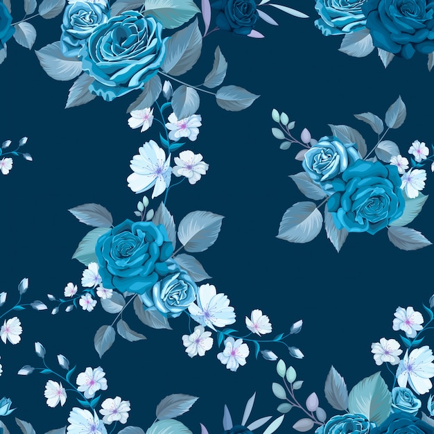 Classic blue seamless pattern with flowers