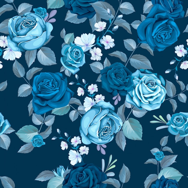 Classic blue seamless pattern with flowers