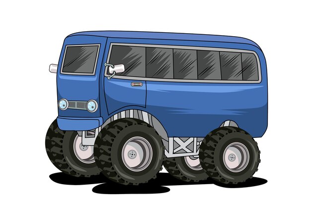 モンスタートラックの漫画の車両または車と極端なショーの輸送のイラスト プレミアムベクター