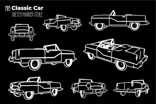 Иллюстрация силуэта классического автомобиля рисунок с эффектом маркера редактируемые цветные силуэты