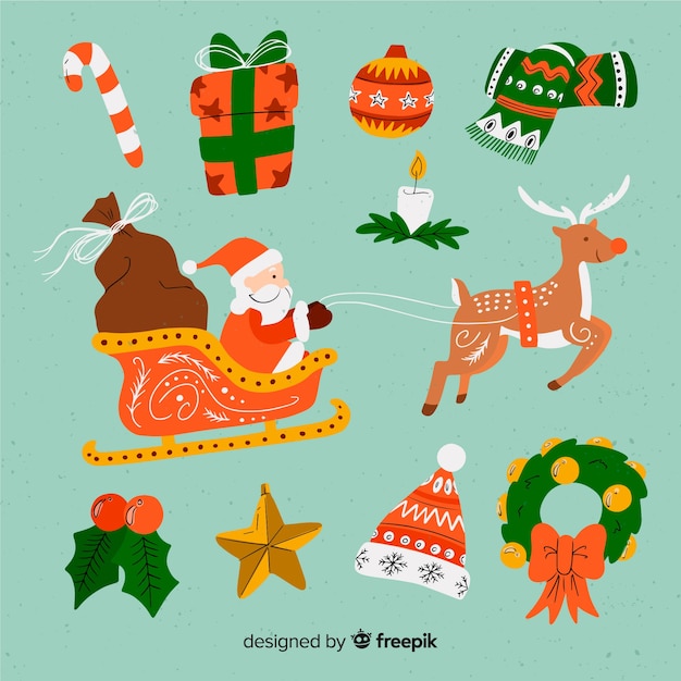 Бесплатное векторное изображение Коллекция классических рождественских элементов с плоским дизайном