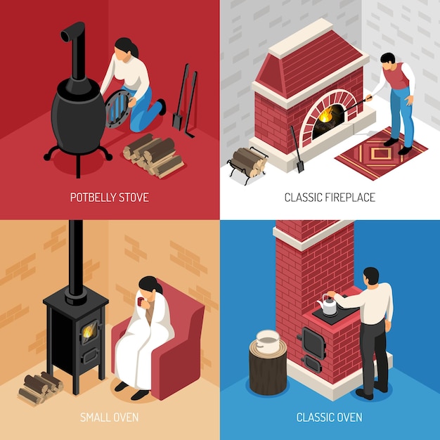 古典的な暖炉の太鼓腹のストーブとカラフルな上に分離されて様々なオーブン等尺性概念