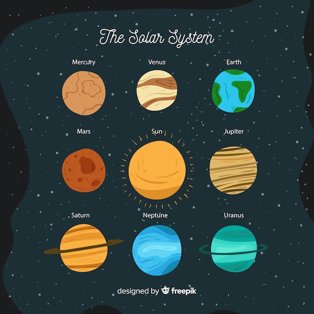 Vettore gratuito compositio di sistema solare disegnato a mano classico