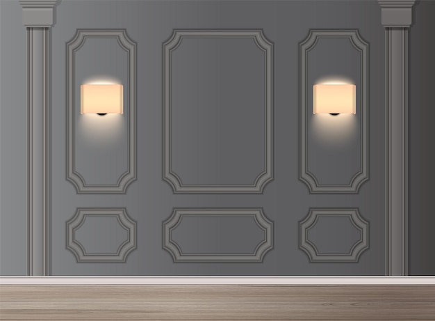 Classic interior with glowing lamps and wall panels realistic vector illustration