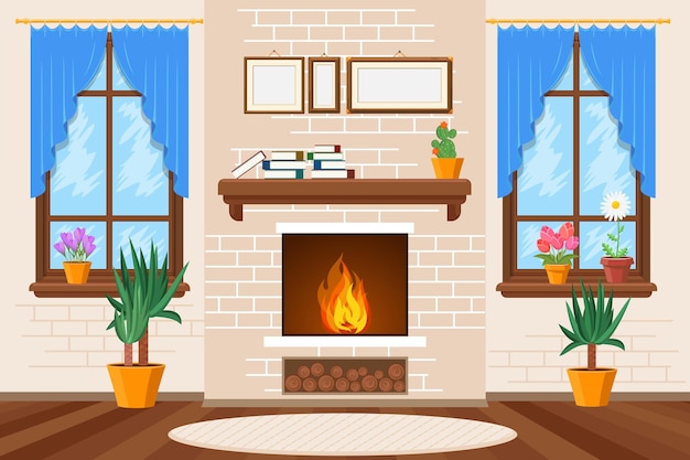 免费矢量经典客厅室内壁炉和书架和植物。插图