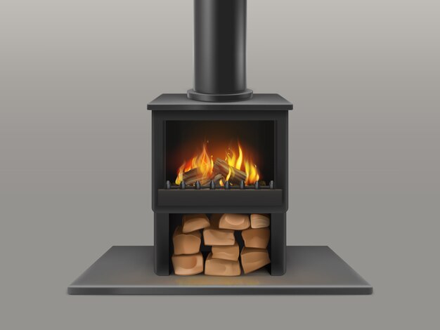 黒い煙突パイプを備えたクラシックな暖炉、乾いた木材の塊収納