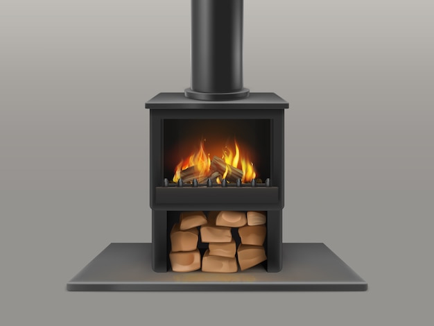 Classic open fireplace with black chimney pipe, dry wood chunks storage