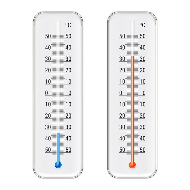 기상 측정 현실적인 그림에 대 한 설정 클래식 야외 및 실내 섭씨 알코올 에탄올 빨간색과 파란색 온도계