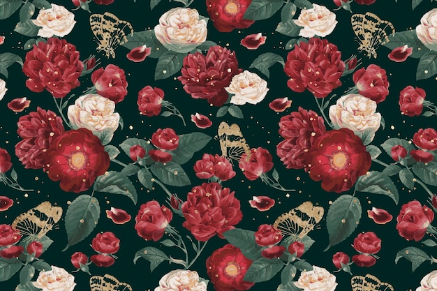 Free vector classic romantic red roses floral pattern watercolor illustration