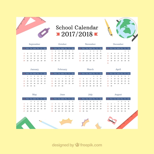 古典的な学校のカレンダーと教材