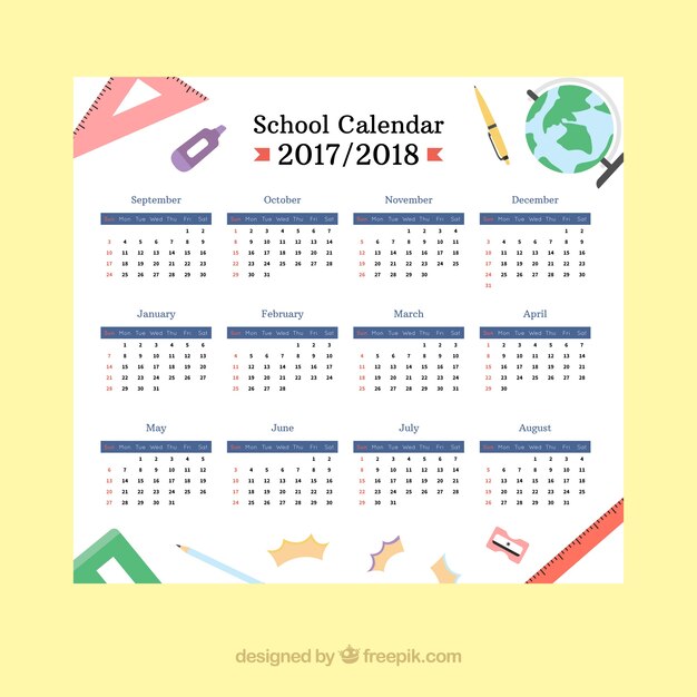 古典的な学校のカレンダーと教材