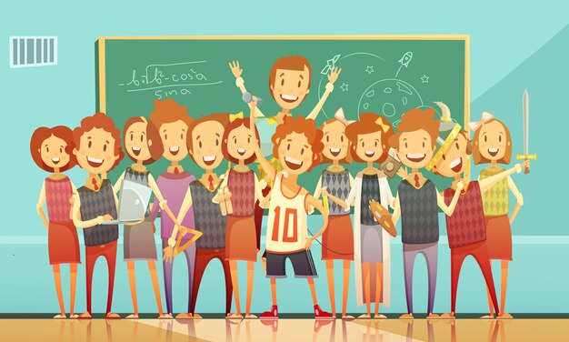 Классический школьное образование классная ретро мультфильм плакат с улыбающимися стоящими детьми