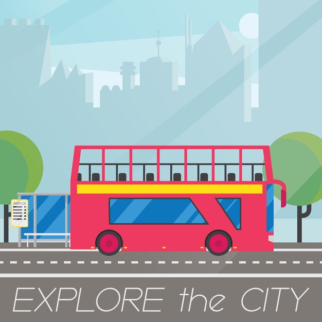 Classical British double decker bus in city landscape flat composition