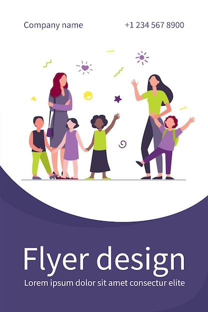 Free vector classmates meeting at school. mom leading son, group of school children with teacher flat illustration. flyer template