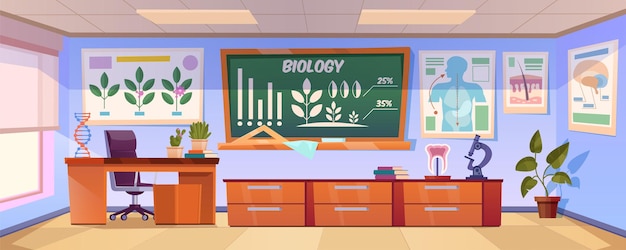 黒板にグラフ、壁に人間の臓器や植物が描かれたポスターを使った生物学学習のための教室。教師の机、本、顕微鏡と空の学校のクラスのインテリアのベクトル漫画イラスト