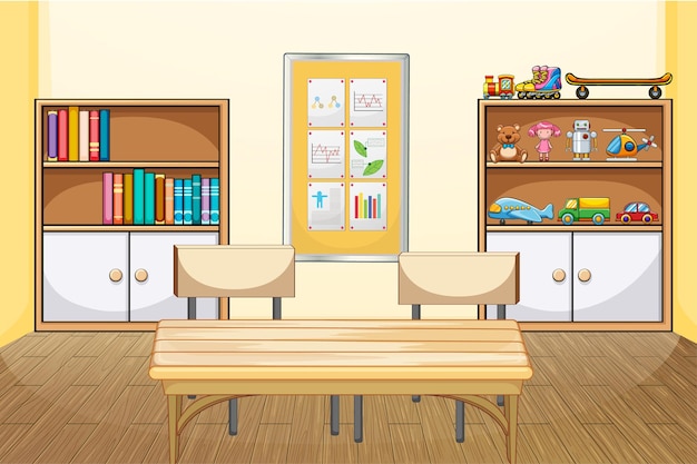 Classroom interior design with furniture and decoration