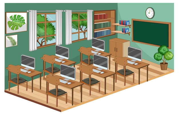 Vettore gratuito interno dell'aula con mobili in colore tema verde