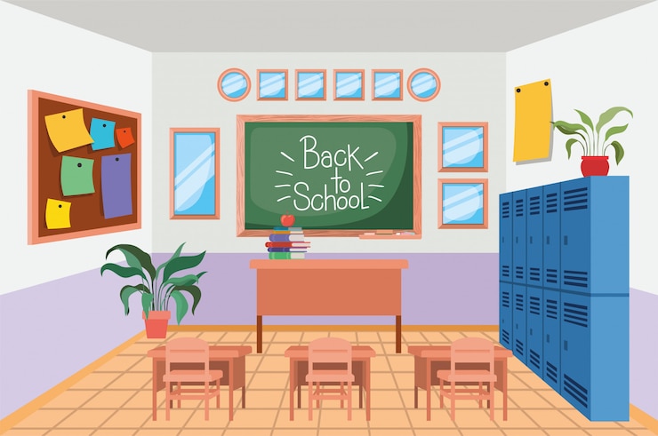 Free Vector classroom school with chalkboard scene