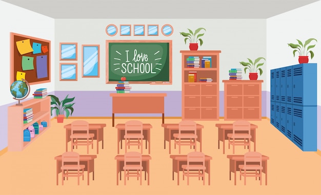 Free vector classroom school with chalkboard scene