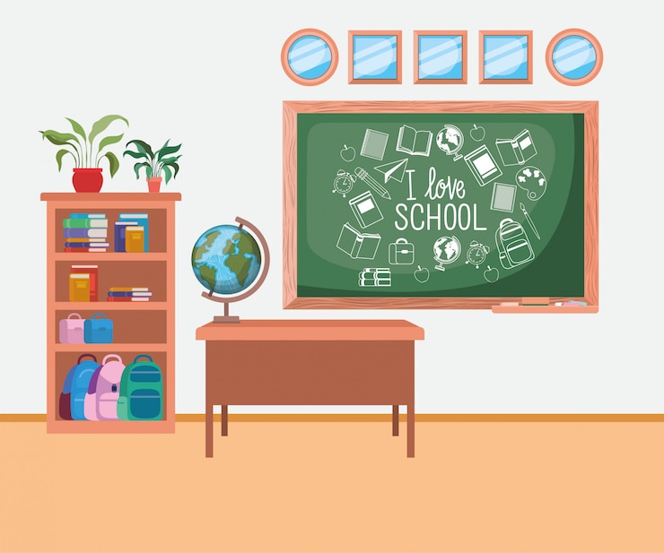 Free Vector classroom school with chalkboard scene