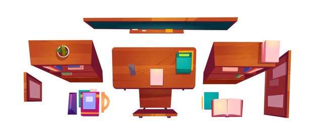 Classroom stuff top view, school or college class interior student desk with books