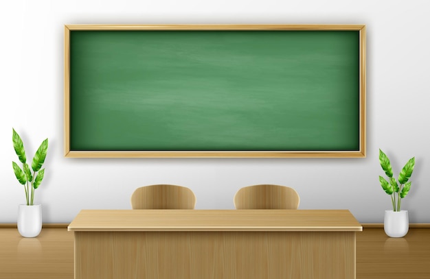 Free vector classroom with green blackboard on wall and wooden teacher table with chairs