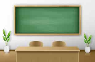 Free vector classroom with green blackboard on wall and wooden teacher table with chairs